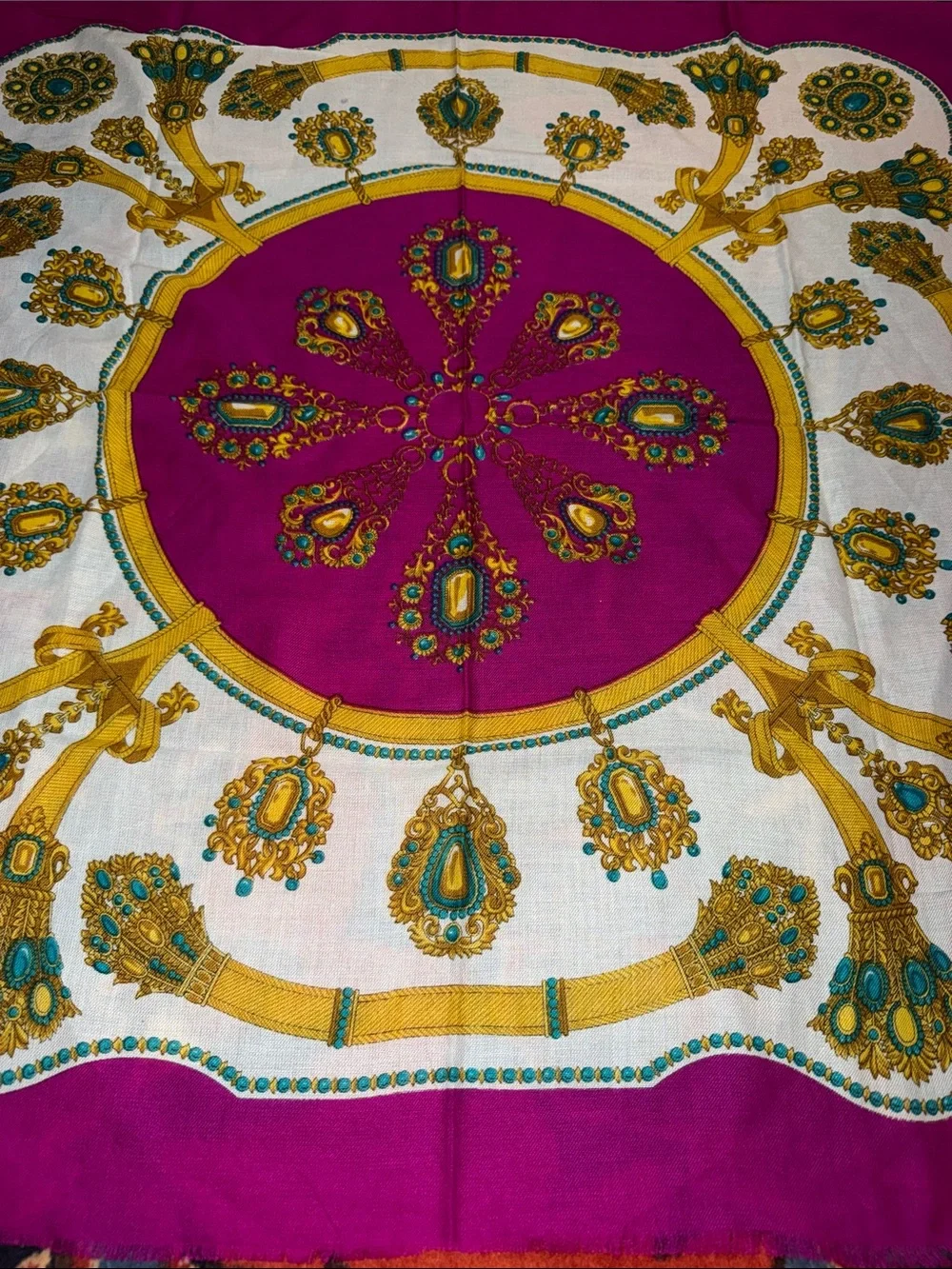 Vintage 60's Glentex~Stylish Fuchsia Gems and Links Gold Printed Square Scarf